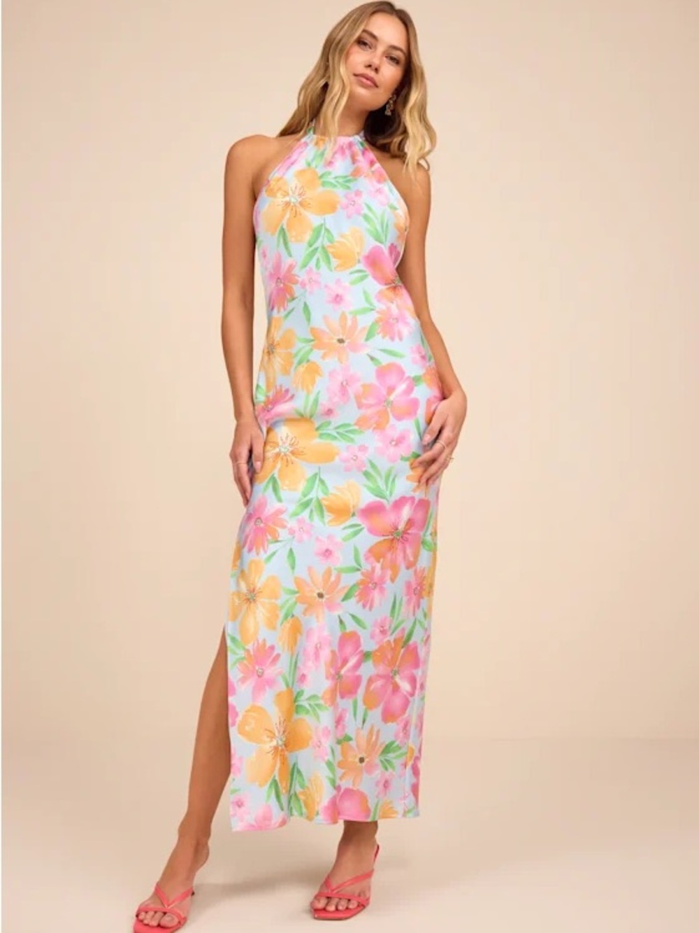 Lulu's Glowing Presence Light Blue Floral Satin Halter Maxi Dress